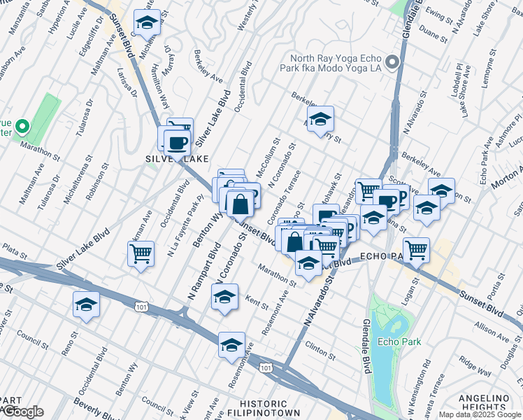 map of restaurants, bars, coffee shops, grocery stores, and more near 1133 Coronado Terrace in Los Angeles