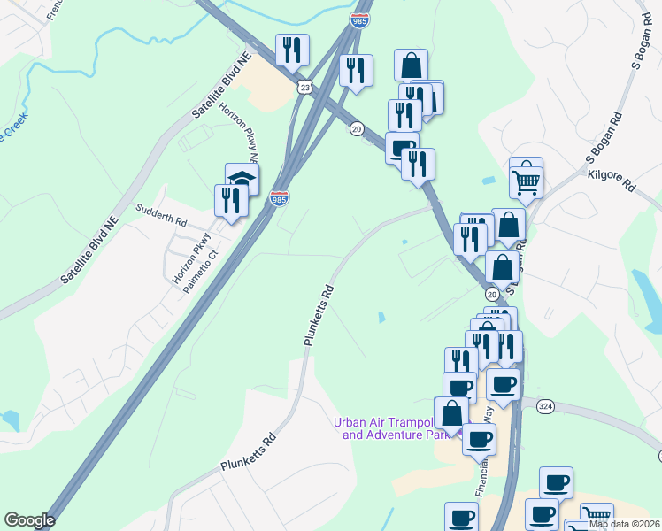 map of restaurants, bars, coffee shops, grocery stores, and more near 1741 Plunketts Road in Buford