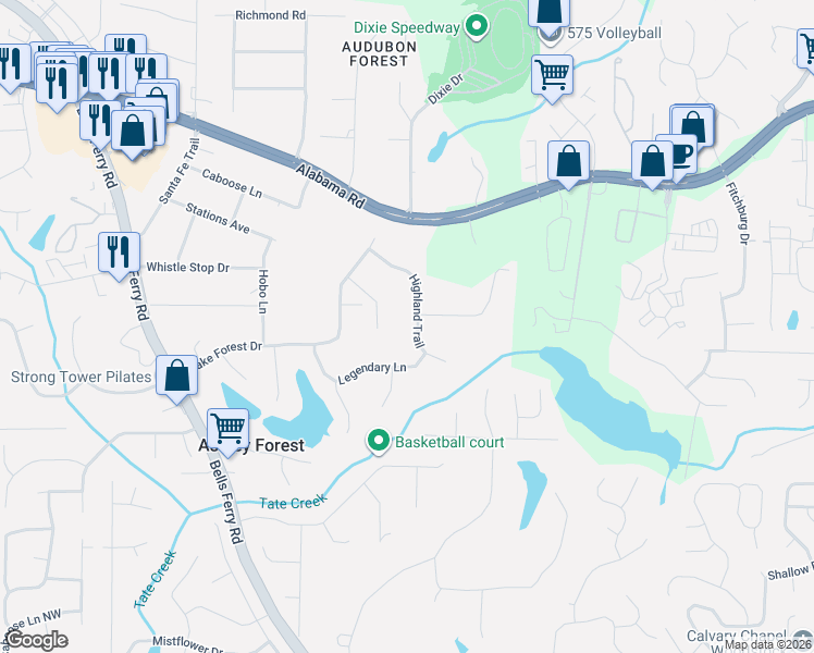 map of restaurants, bars, coffee shops, grocery stores, and more near 5161 Highland Trail in Acworth