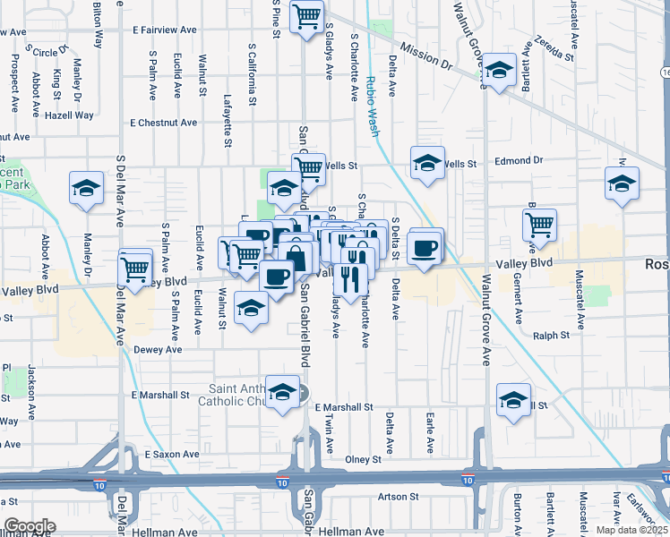 map of restaurants, bars, coffee shops, grocery stores, and more near 1602 South Gladys Avenue in San Gabriel