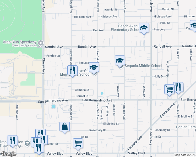 map of restaurants, bars, coffee shops, grocery stores, and more near 9522 Live Oak Avenue in Fontana