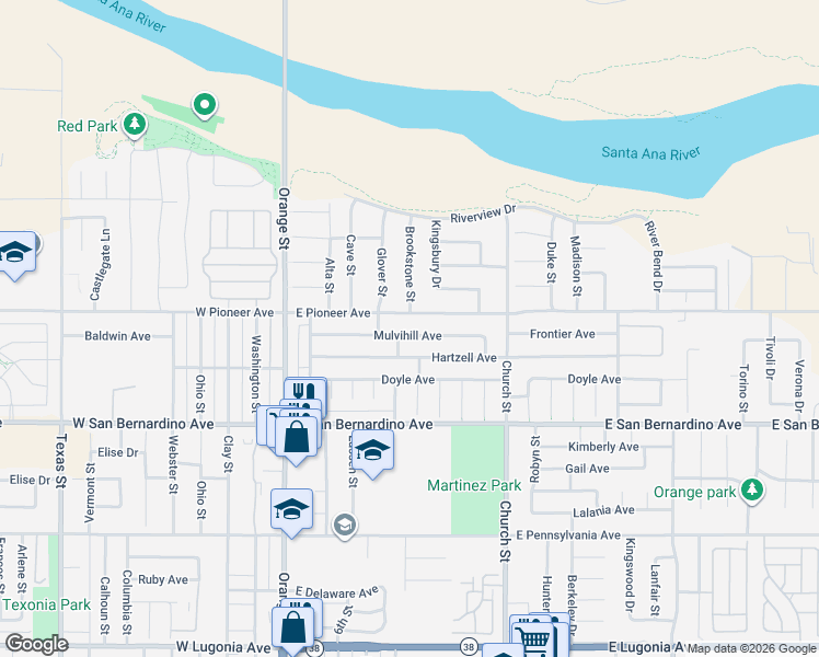 map of restaurants, bars, coffee shops, grocery stores, and more near 432 Mulvihill Avenue in Redlands
