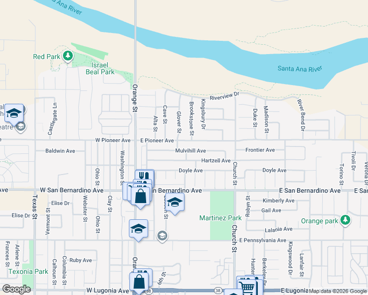 map of restaurants, bars, coffee shops, grocery stores, and more near 304 Mulvihill Avenue in Redlands