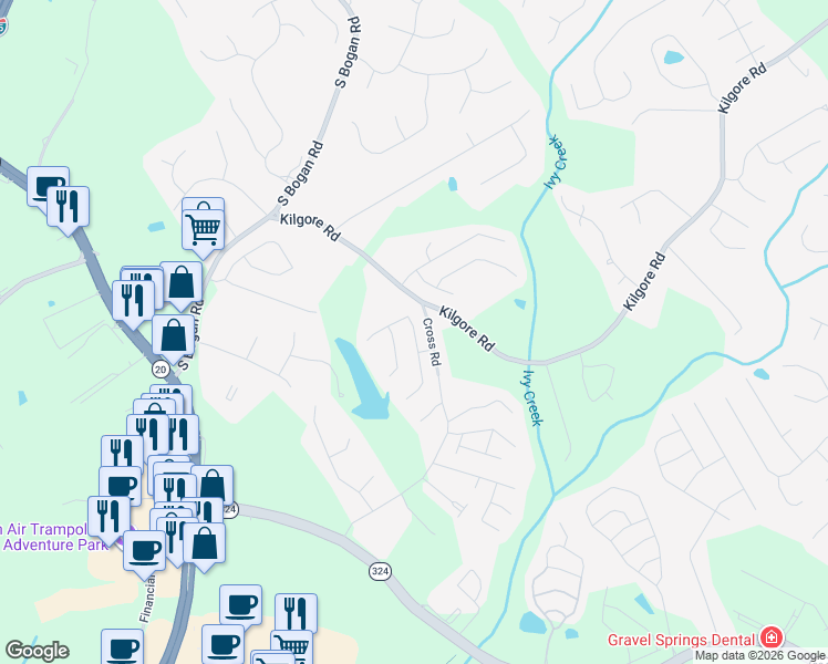 map of restaurants, bars, coffee shops, grocery stores, and more near 3552 Fallen Oak Drive in Buford