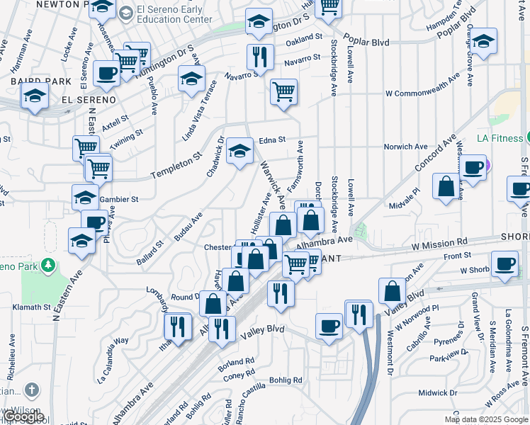 map of restaurants, bars, coffee shops, grocery stores, and more near 5401 Martin Street in Los Angeles
