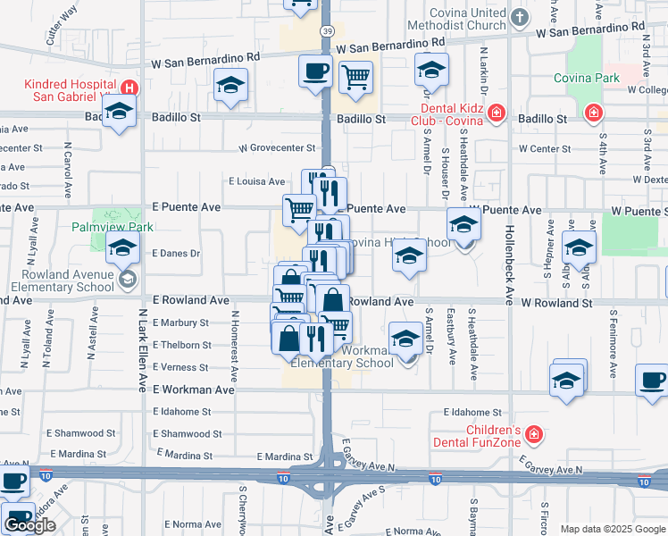 map of restaurants, bars, coffee shops, grocery stores, and more near 530 North Azusa Avenue in Covina