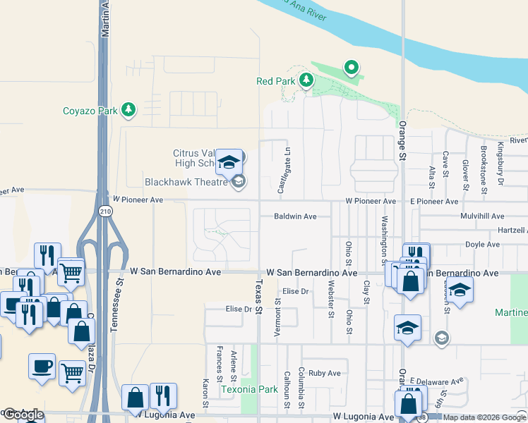 map of restaurants, bars, coffee shops, grocery stores, and more near 715 Baldwin Avenue in Redlands