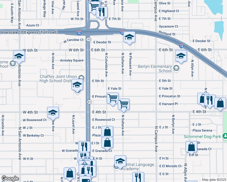map of restaurants, bars, coffee shops, grocery stores, and more near 311 East Princeton Street in Ontario