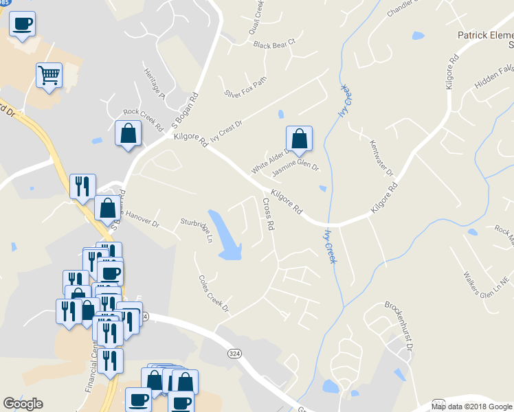 map of restaurants, bars, coffee shops, grocery stores, and more near 3553 Fallen Oak Drive in Buford