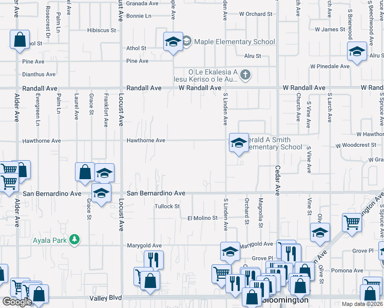 map of restaurants, bars, coffee shops, grocery stores, and more near 18377 Hawthorne Avenue in Bloomington