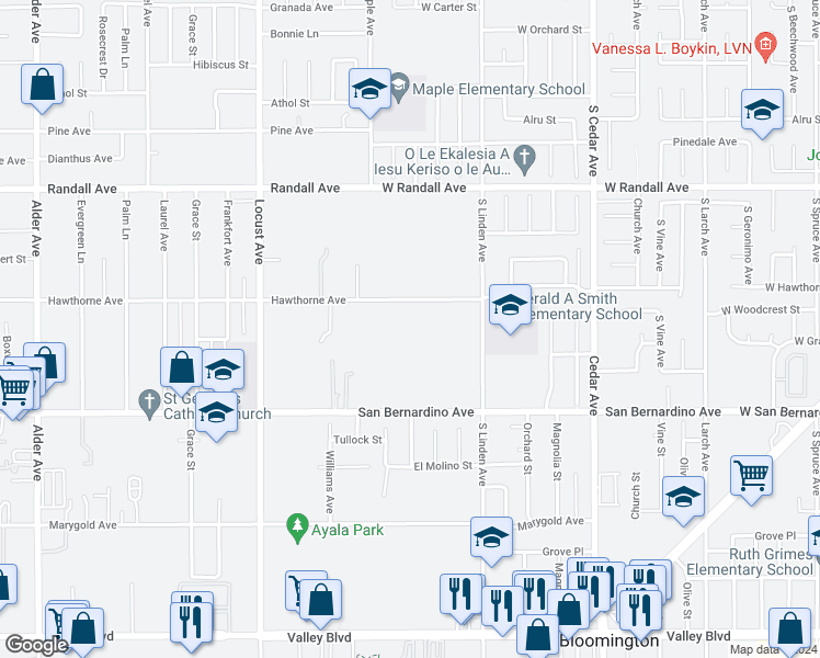 map of restaurants, bars, coffee shops, grocery stores, and more near 18377 Hawthorne Avenue in Bloomington