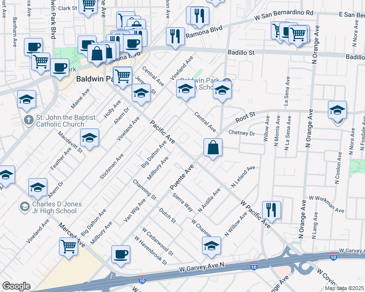 map of restaurants, bars, coffee shops, grocery stores, and more near 14842 Pacific Avenue in Baldwin Park