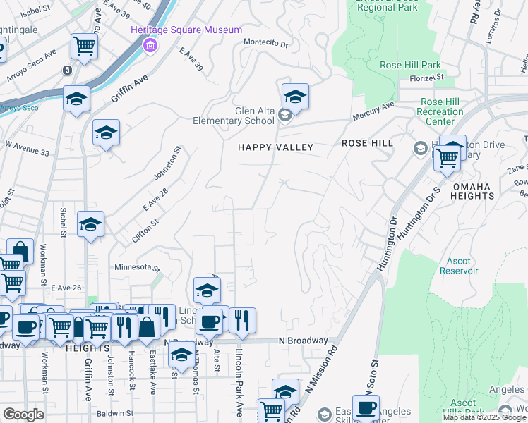 map of restaurants, bars, coffee shops, grocery stores, and more near 3716 Flora Avenue in Los Angeles