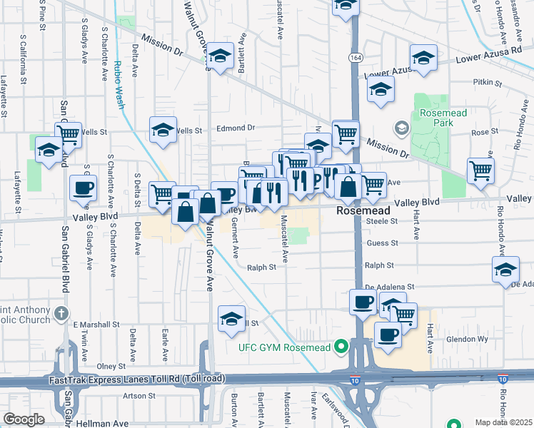 map of restaurants, bars, coffee shops, grocery stores, and more near 8757 Steele Street in Rosemead