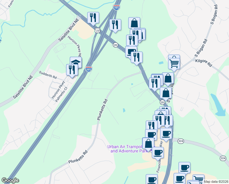 map of restaurants, bars, coffee shops, grocery stores, and more near 1741 Plunketts Road in Buford