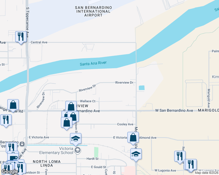 map of restaurants, bars, coffee shops, grocery stores, and more near 1817 Riverview Drive in San Bernardino