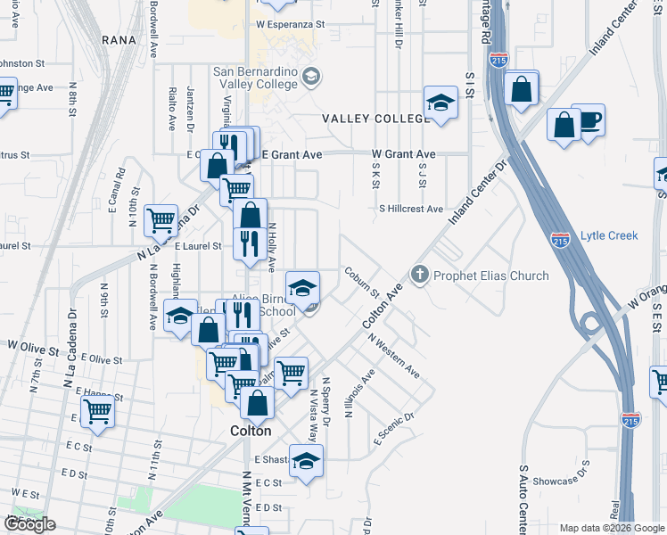 map of restaurants, bars, coffee shops, grocery stores, and more near 250 Coburn Street in Colton