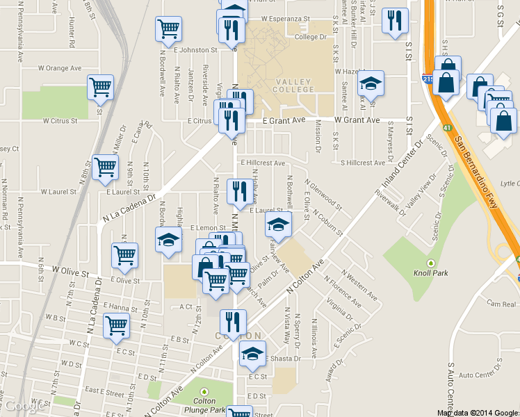 map of restaurants, bars, coffee shops, grocery stores, and more near 1207 East Laurel Street in Colton