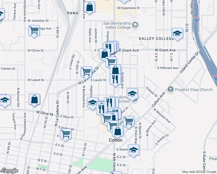 map of restaurants, bars, coffee shops, grocery stores, and more near 1310 Rialto Avenue in Colton