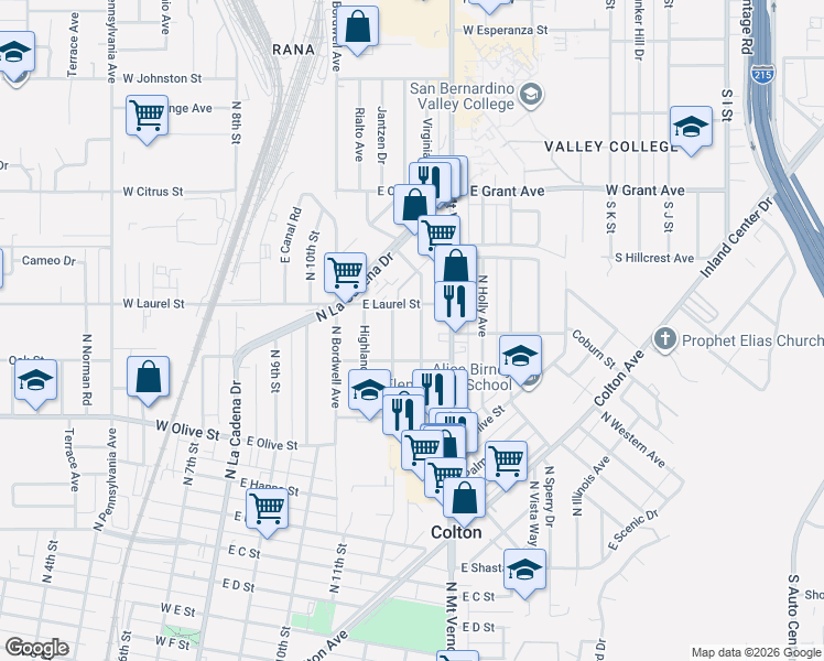 map of restaurants, bars, coffee shops, grocery stores, and more near 1310 Rialto Avenue in Colton