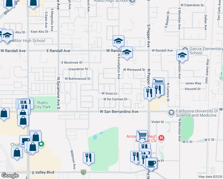 map of restaurants, bars, coffee shops, grocery stores, and more near 1130 Bautista Lane in Colton