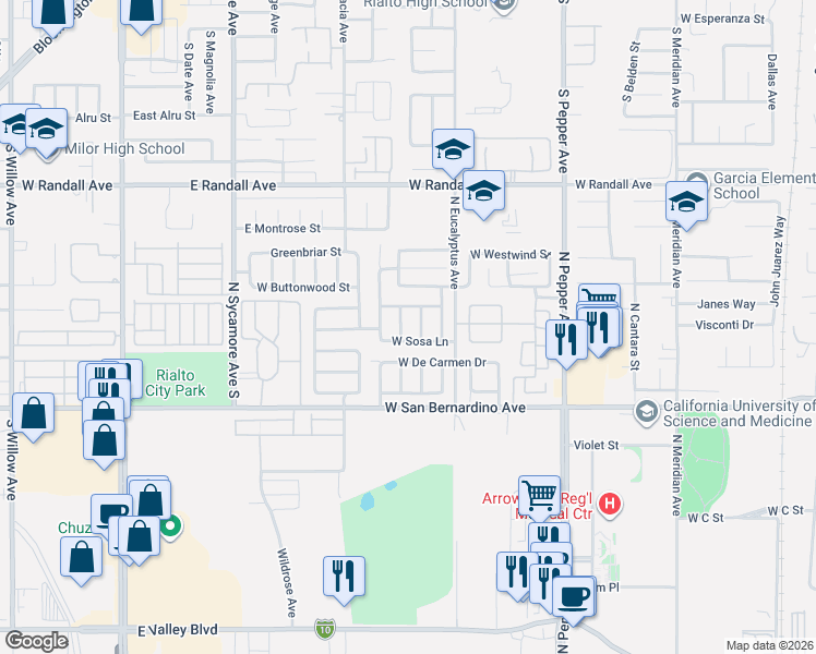 map of restaurants, bars, coffee shops, grocery stores, and more near 1130 Bautista Lane in Colton