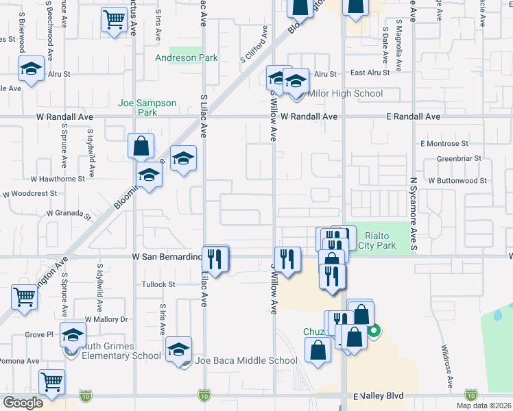 map of restaurants, bars, coffee shops, grocery stores, and more near 375 West Granada Street in Rialto