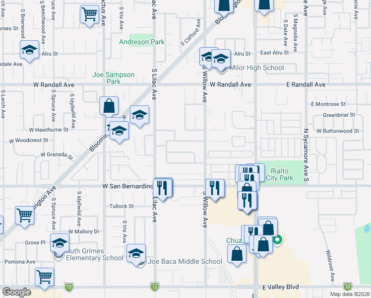 map of restaurants, bars, coffee shops, grocery stores, and more near 375 West Granada Street in Rialto