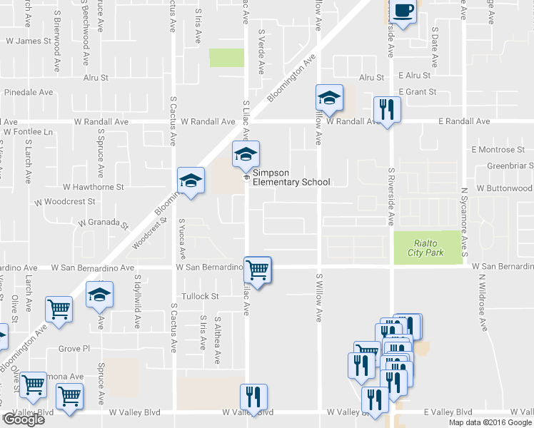 map of restaurants, bars, coffee shops, grocery stores, and more near 437 West Granada Street in Rialto