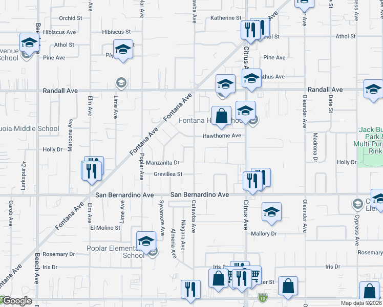 map of restaurants, bars, coffee shops, grocery stores, and more near 9570 Niagara Drive in Fontana