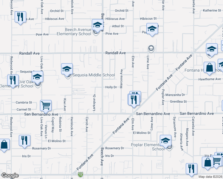map of restaurants, bars, coffee shops, grocery stores, and more near 9557 Sultana Avenue in Fontana