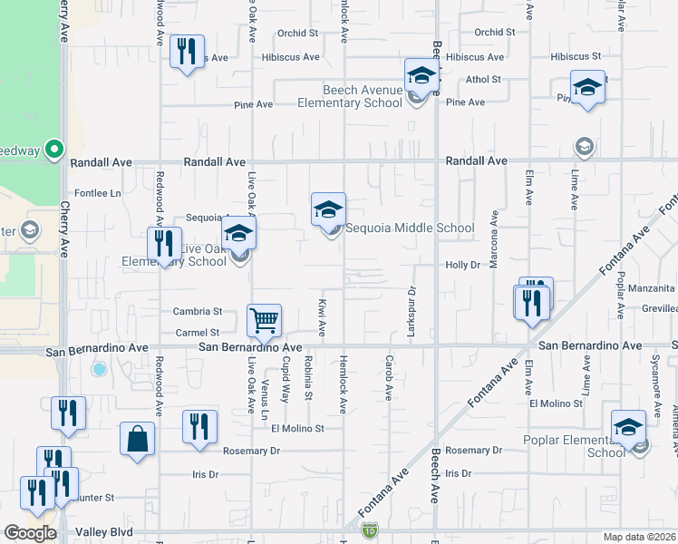 map of restaurants, bars, coffee shops, grocery stores, and more near 9553-9571 Hemlock Ave in Fontana