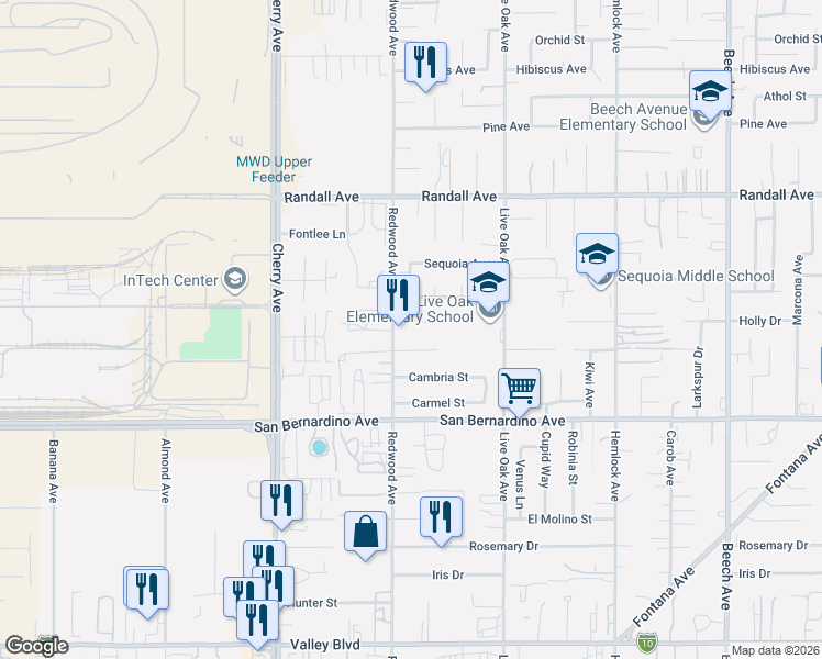 map of restaurants, bars, coffee shops, grocery stores, and more near 14752 Manzanita Drive in Fontana