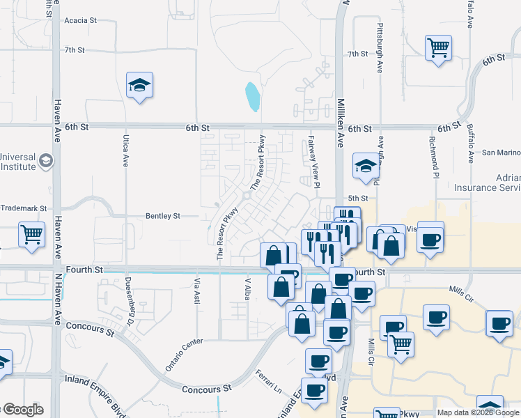 map of restaurants, bars, coffee shops, grocery stores, and more near 11058 Getaway Drive in Rancho Cucamonga