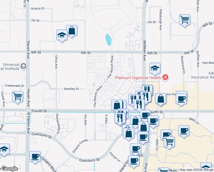 map of restaurants, bars, coffee shops, grocery stores, and more near 11016 Deckhouse Drive in Rancho Cucamonga