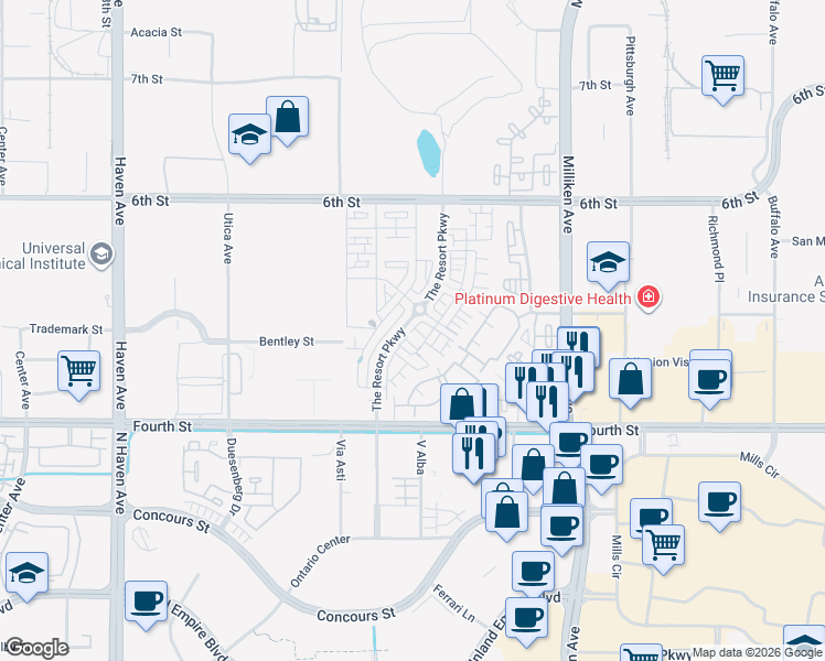 map of restaurants, bars, coffee shops, grocery stores, and more near 11016 Deckhouse Drive in Rancho Cucamonga