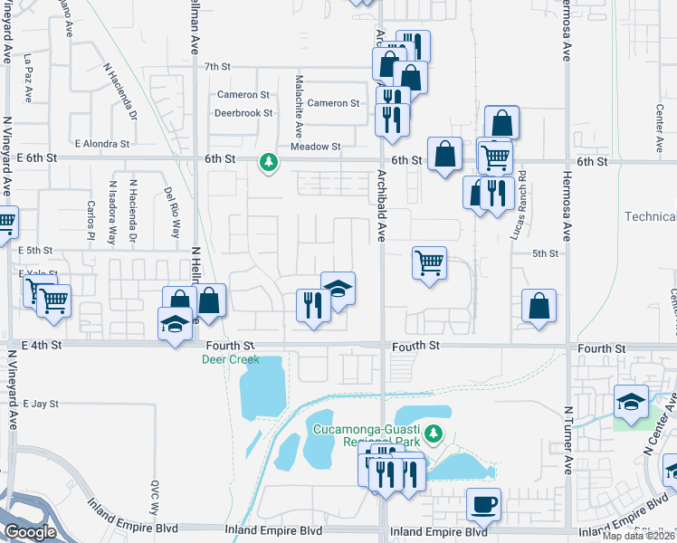 map of restaurants, bars, coffee shops, grocery stores, and more near 9599 Brook Drive in Rancho Cucamonga