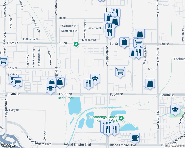 map of restaurants, bars, coffee shops, grocery stores, and more near 9599 Brook Drive in Rancho Cucamonga