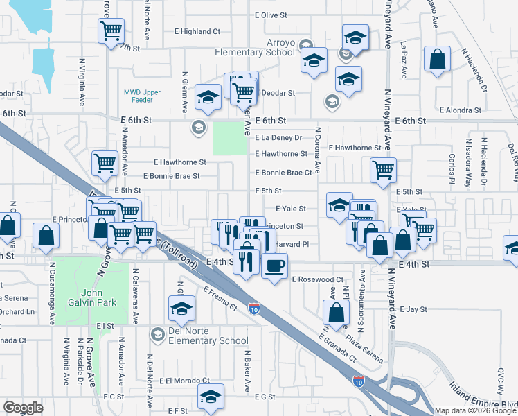 map of restaurants, bars, coffee shops, grocery stores, and more near 1218 North Baker Avenue in Ontario
