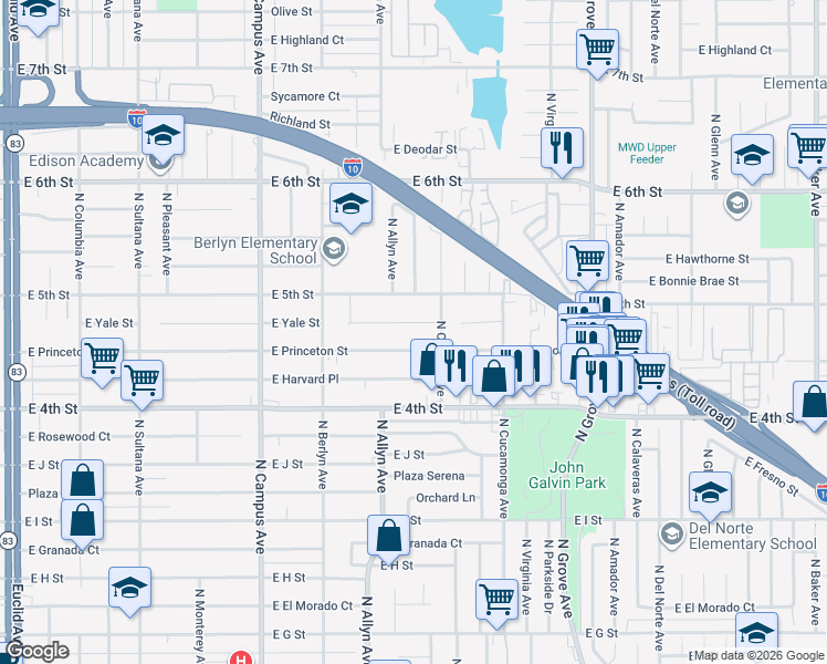 map of restaurants, bars, coffee shops, grocery stores, and more near 921 East Princeton Street in Ontario