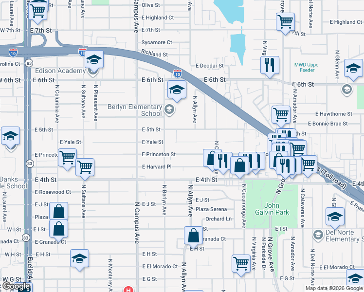 map of restaurants, bars, coffee shops, grocery stores, and more near 843 East Princeton Street in Ontario