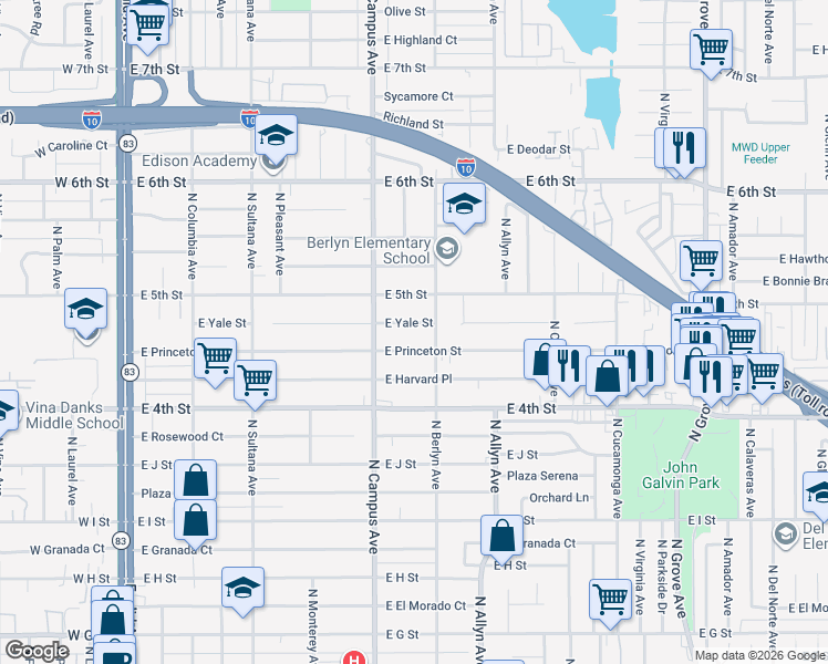 map of restaurants, bars, coffee shops, grocery stores, and more near 729 East Princeton Street in Ontario