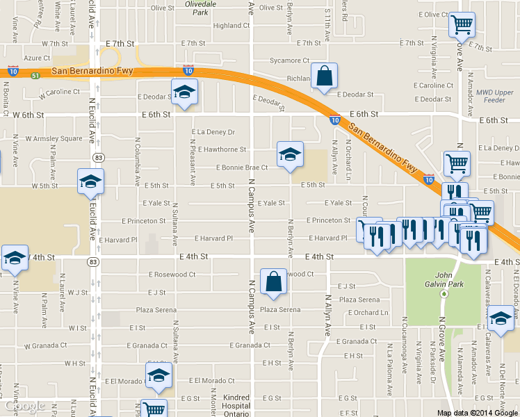 map of restaurants, bars, coffee shops, grocery stores, and more near 729 East Princeton Street in Ontario