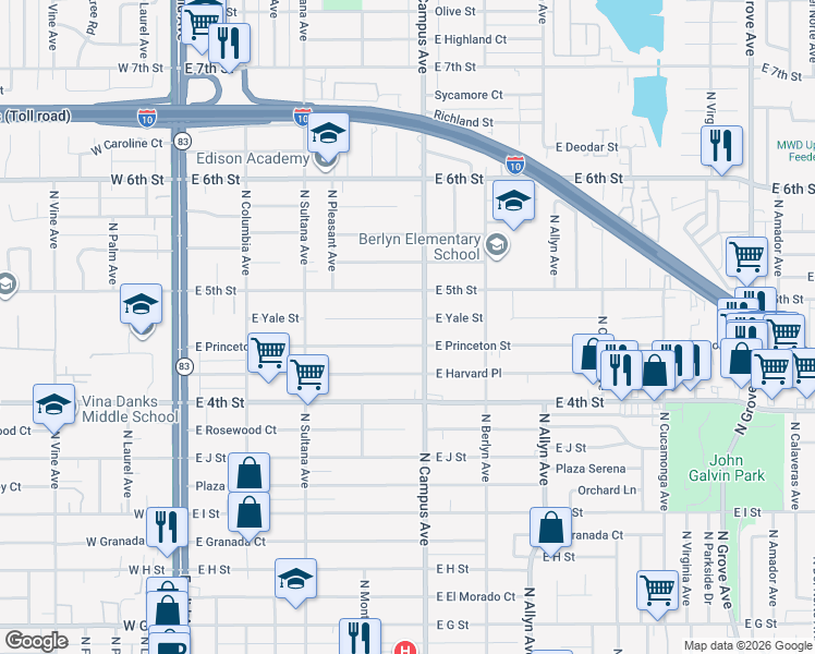 map of restaurants, bars, coffee shops, grocery stores, and more near 651 East Princeton Street in Ontario