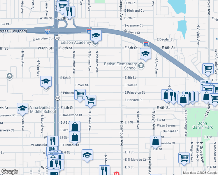 map of restaurants, bars, coffee shops, grocery stores, and more near 609 East Princeton Street in Ontario