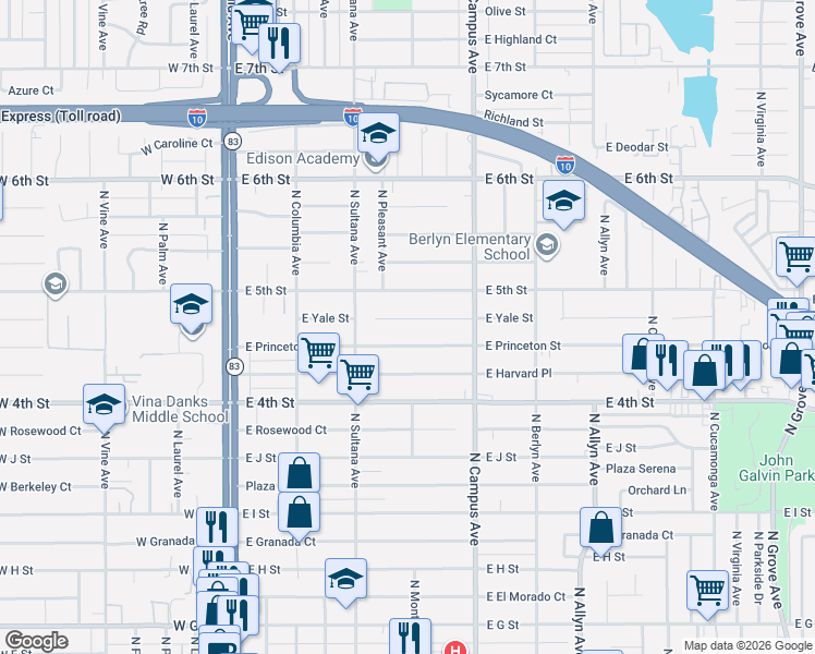 map of restaurants, bars, coffee shops, grocery stores, and more near 609 East Princeton Street in Ontario