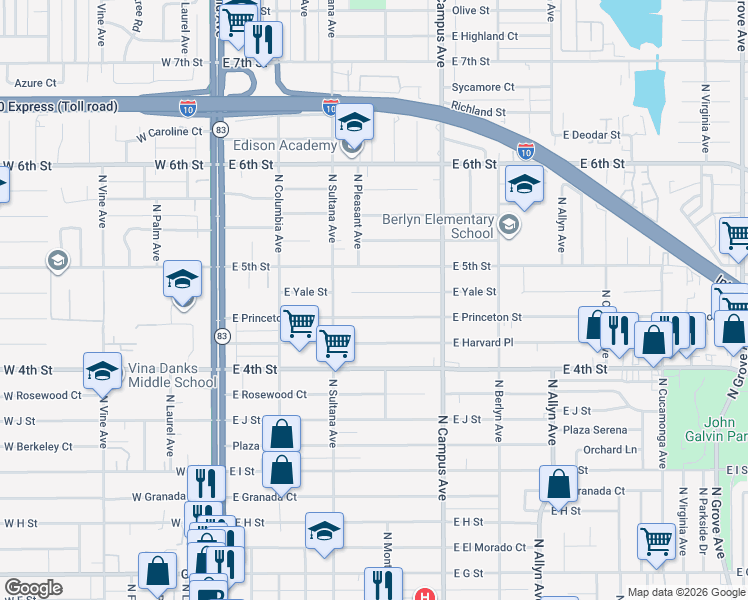 map of restaurants, bars, coffee shops, grocery stores, and more near 529 East Princeton Street in Ontario