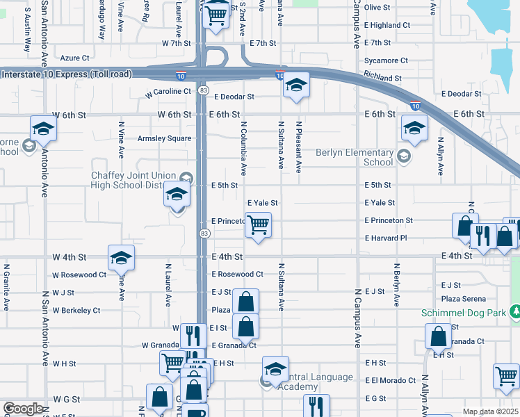 map of restaurants, bars, coffee shops, grocery stores, and more near 311 East Princeton Street in Ontario