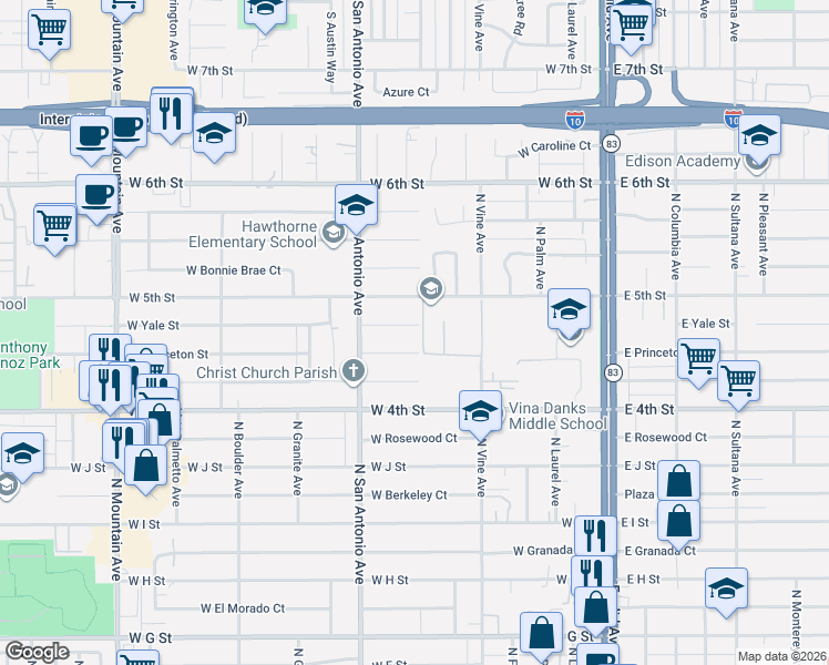 map of restaurants, bars, coffee shops, grocery stores, and more near 610 West Princeton Street in Ontario
