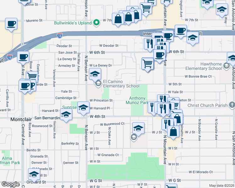 map of restaurants, bars, coffee shops, grocery stores, and more near 1352 West Princeton Street in Ontario